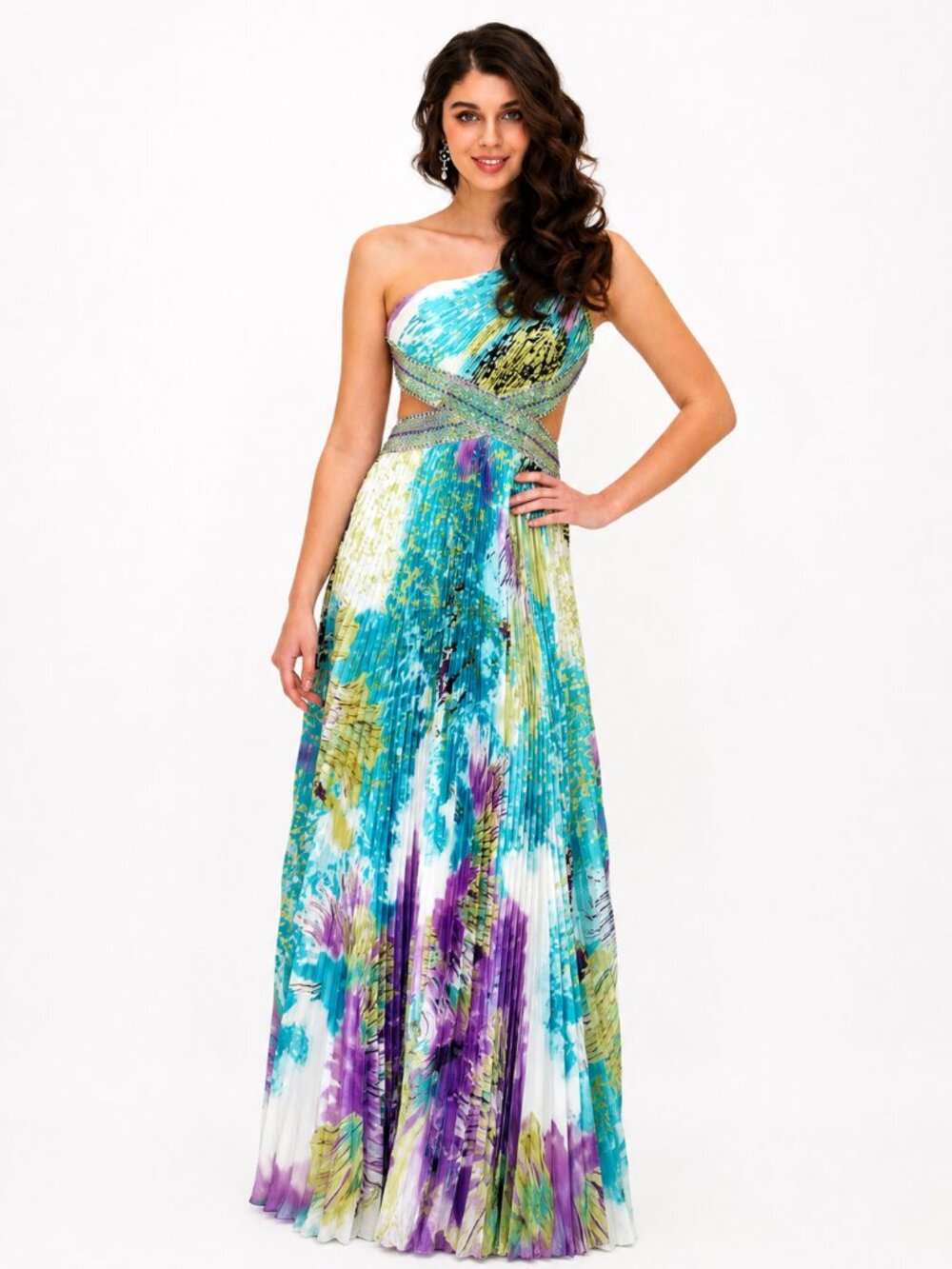 NWT One-Shoulder, Open Back Blue and Purple Multicolor Pleated Dress, Size XS